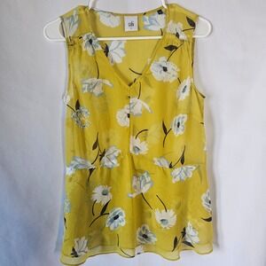 Cabi Yellow Floral Sleeveless V Neck Peplum Top Women's Size S